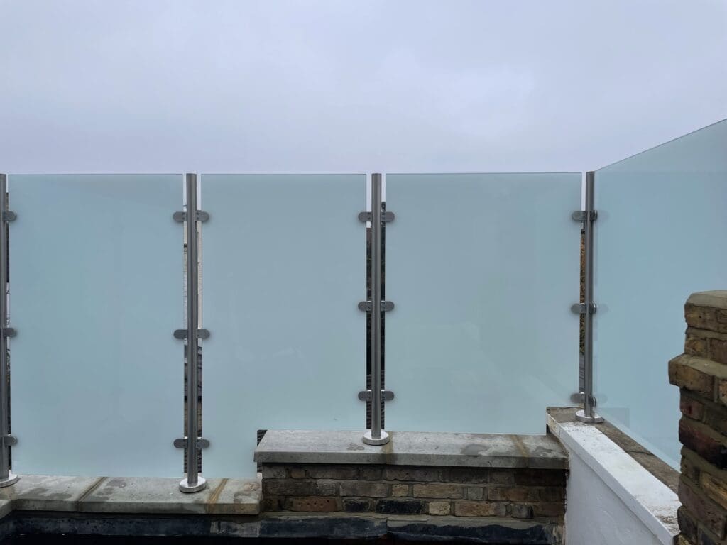 Rooftop terrace privacy Glass Balustrade with opaque glass panels and stainless steel post