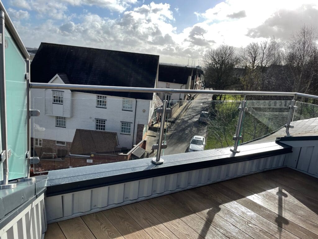 Glass Balcony Balustrades 19 Balcony glass balustrade with a side privacy screen using a satin finish glass