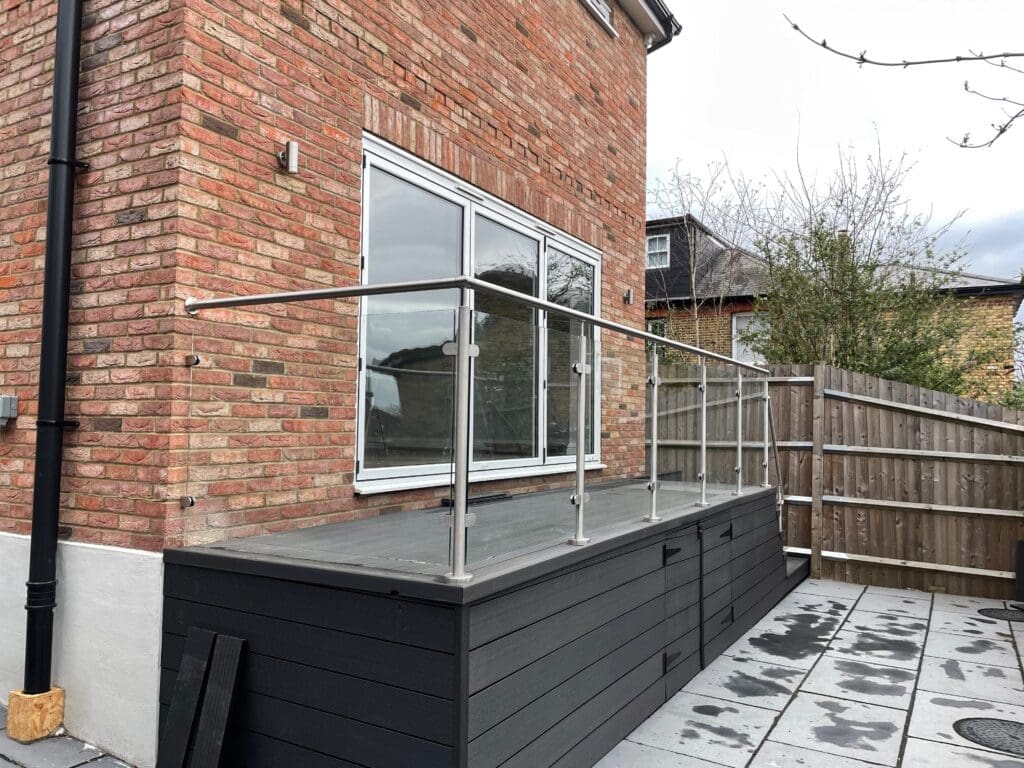 Glass balustrade post and rail system with 10mm clear toughened glass